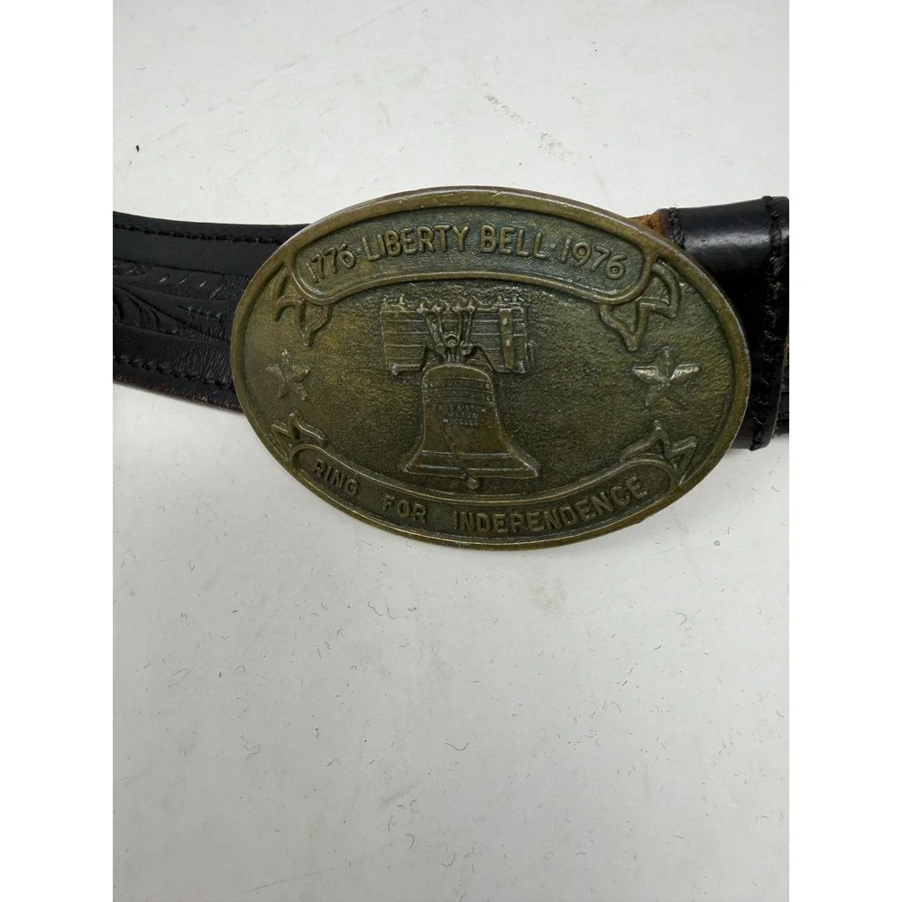 Sears Leather Belt Mens 38-40 Black Good Liberty Bell Bicentennial 1776-1976